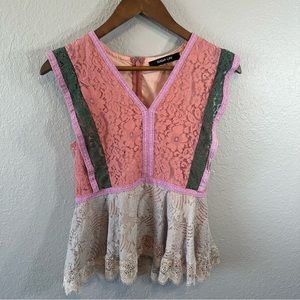 Sugarlips | Pink Lace Top with Green Accents